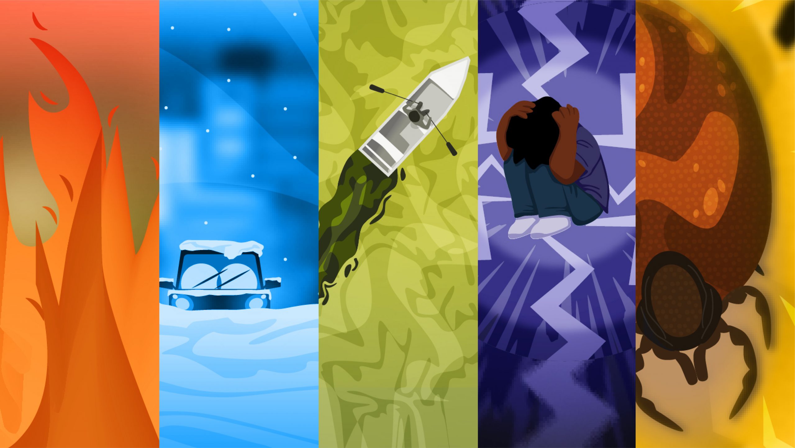 5 Event Cards from the game Strange Weather We're Having. From Left to Right: Wildfire, Snow Squall, Toxic Algal Bloom, Anxiety Attack, and Lyme Disease